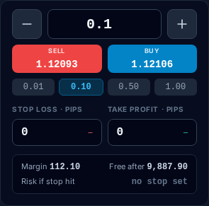 The practice terminal's EURUSD order ticket, signed in to a new practice account (staging, 16 Oct 2026; prices are the feed at capture time): the Lots field at 0.1 with quick buttons 0.01, 0.10, 0.50 and 1.00, SELL showing the bid and BUY showing the ask.