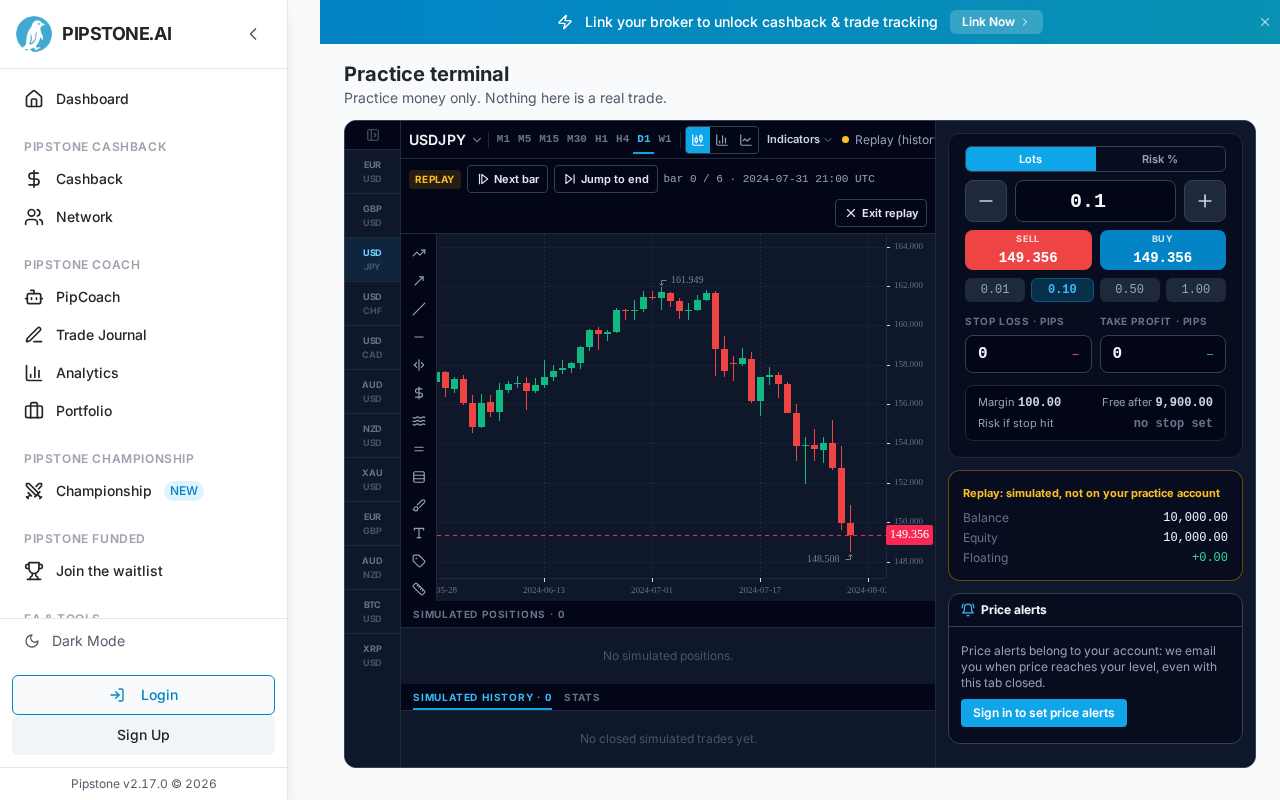 The practice terminal in replay mode on USDJPY D1, stopped at the 1 August 2024 candle (bar 0 of 6): the REPLAY controls (Next bar, Jump to end, Exit replay) above the chart, and the order ticket and simulated replay account (balance 10,000) beside it.