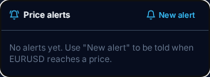 The practice terminal's price alerts panel for EURUSD, signed in to a new practice account with no alerts yet, and its New alert button.